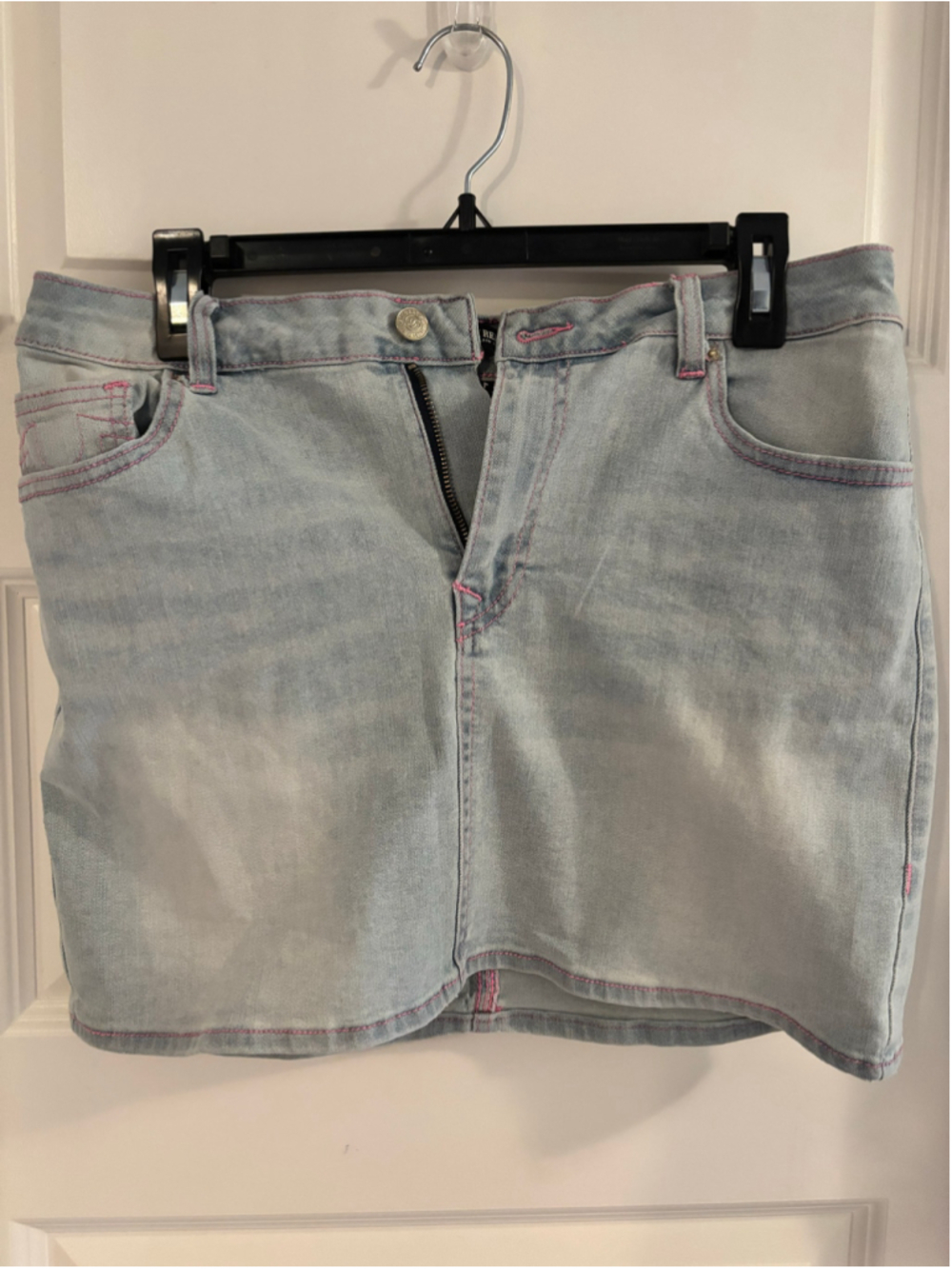 Women's True Religion Denim Mini Skirt Size 30 or 10 Blue Pink Stitching Y2K